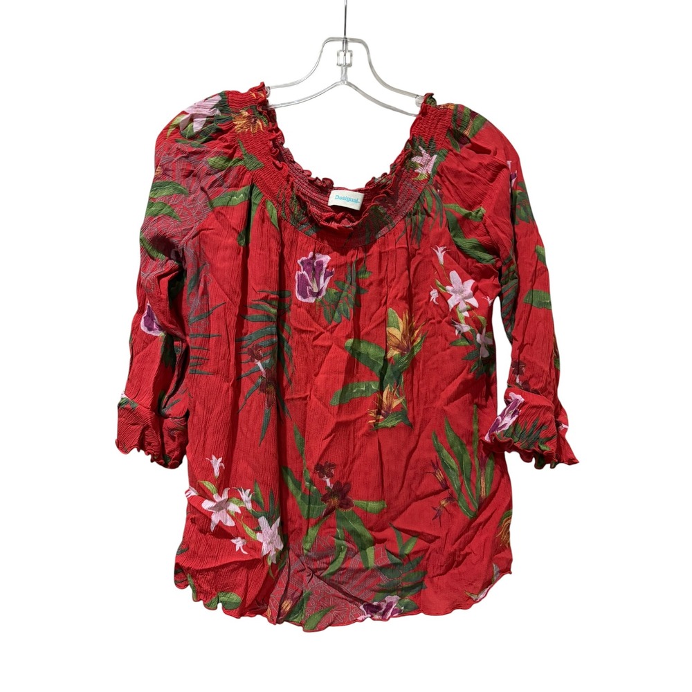 Desigual Red Floral Tropical Smocked Off The Shoulder Ruffle Blouse Large